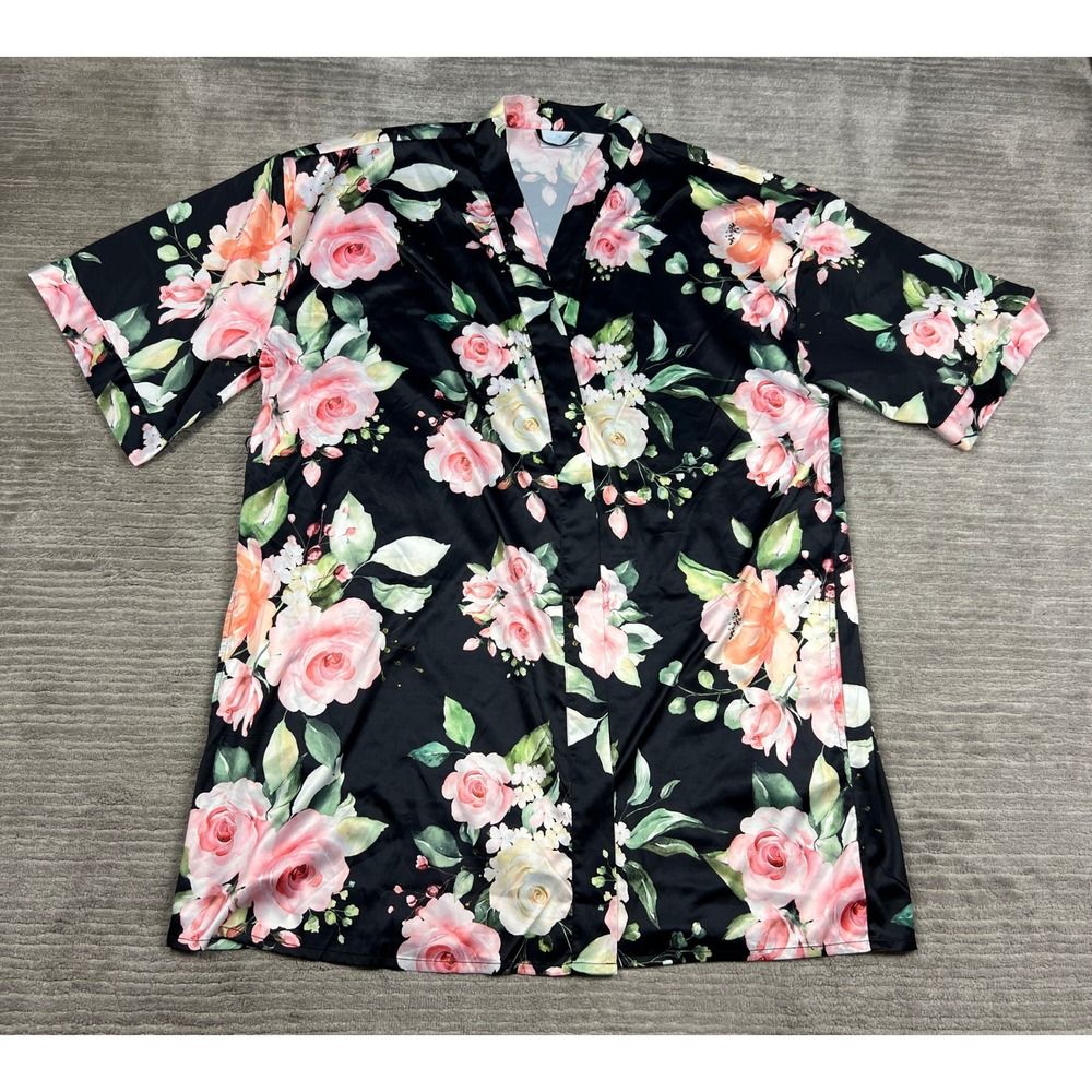 Turquaz Robe‎ Women XXL Black Floral Satin Kimono Short Sleeve Romantic Lounge